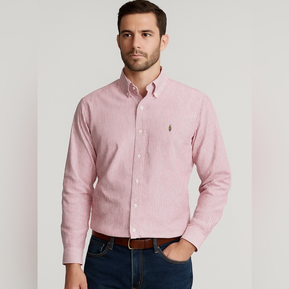 Ralph Lauren Classic Fit Men’s Button Down Shirt Red White Striped Long Sleeve L
